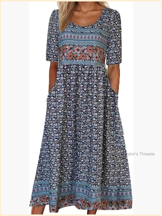 Dresses & Skirts - Boho Floral Maxi Dress with Pockets Casual Short Sleeve Summer Beach Dress